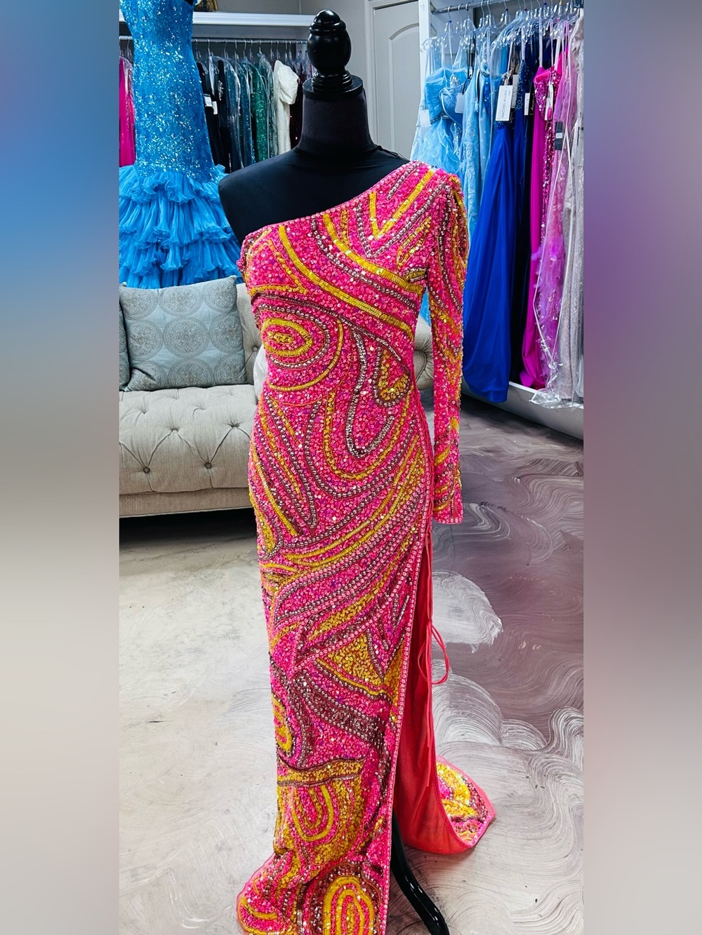 One-Shoulder Hot Pink & Yellow Sequin Evening Gown